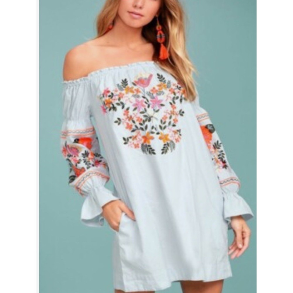 Free People Fleur Du Jour Light Blue Embroidered Off Shoulder Boho Tunic Size Xs